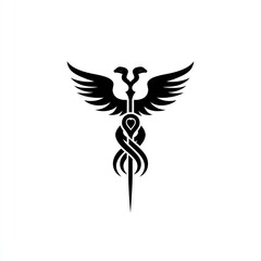 Fototapeta premium Here's a possible and keyword list for your image.. Stylized double-headed bird with intertwined serpent and dagger.