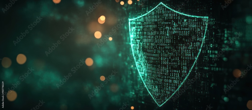 Poster digital shield with glowing green lights and a blurred bokeh background.