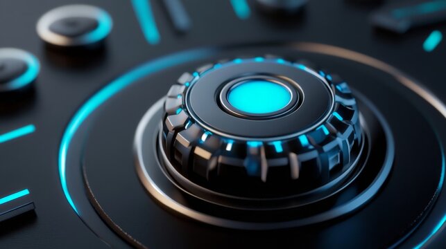 Futuristic Metallic Control Knob with Blue LED Light: High-Tech Dashboard Interface for Modern Technology and Innovation Concepts