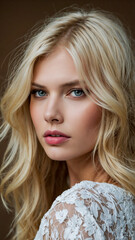 Naklejka premium Portrait of a Stunning Blonde Woman in Elegant Lace Dress