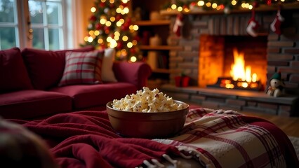 Fototapeta premium A cozy Christmas movie night with popcorn, warm plaids and twinkling lights.