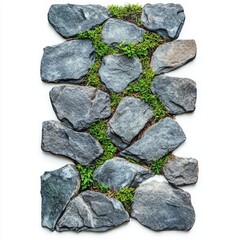 Fototapeta premium Top view of a stone sidewalk interspersed with lush green grass, isolated on a clean white background, highlighting natural texture and landscaping concepts.