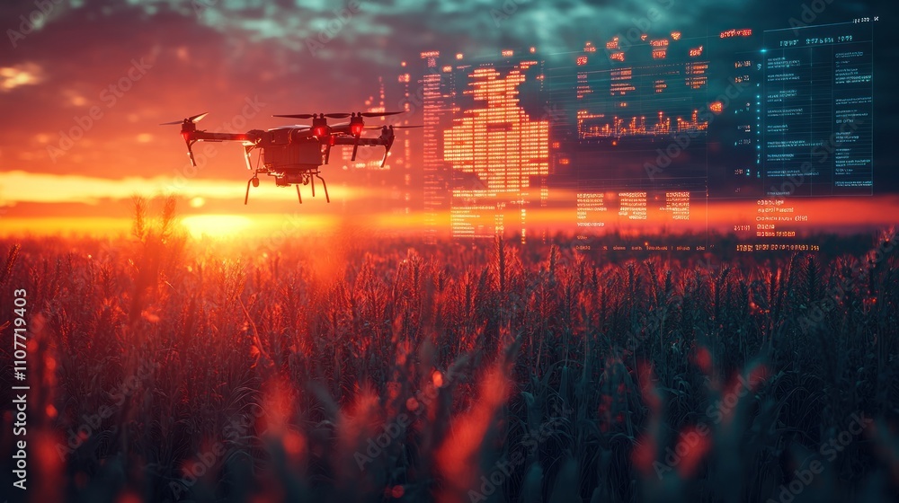 Poster drone flying over a field of wheat at sunset with data displayed on a screen.