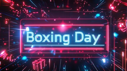 A Festive Boxing Day Neon Banner Template with Bold Colours, Perfect for Holiday Sales, Promotions, and Seasonal Events.