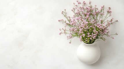 Fototapeta premium Top view of a white ceramic vase holding a bouquet of soft lagurus flowers, isolated on a clean white background with ample copy space, emphasizing minimalist and natural decor concepts.