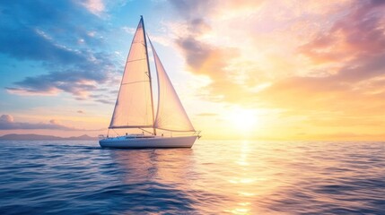 Fototapeta premium A boat sails across a calm sea at sunrise, with soft light on the water.