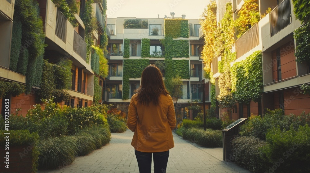 Poster a person walks through a vibrant urban courtyard surrounded by modern residential buildings adorned 
