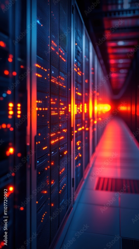 Poster a row of servers in a data center with red lights.