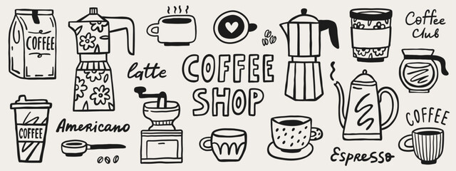 Coffee shop doodle graphic elements. Hand drawn vector set. Cafe menu design vector elements.