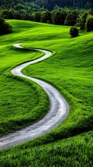 Winding path through lush green fields in serene countryside landscape during daytime