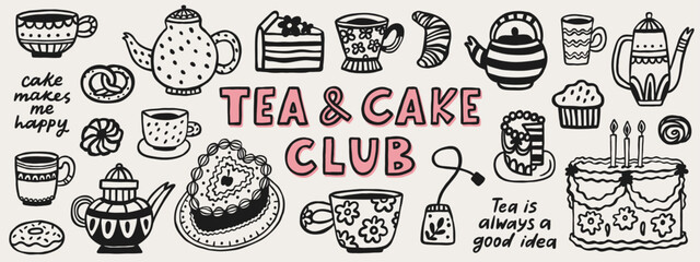 Tea time hand drawn doodle elements and quotes. Bakery cafe doodle vector set. Tea ceremony elements: teapot, a cup of tea, cake, donut, cupcake, and croissant.