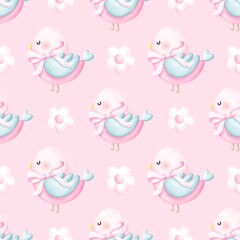 Cute birds digital paper.Seamless pattern for children.For baby shower, textiles, nursery decor, packaging, wrapping paper and scrapbooking.