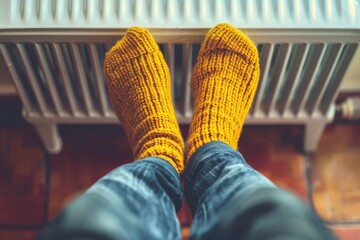 Warming Feet on White Radiator, Man Warms his Feet at Home, Cold Winter, Expensive Electricity Saving Concept