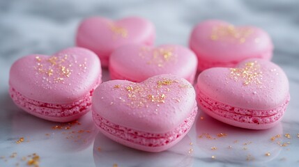 Obraz premium Cute pink heart-shaped macarons with delicate gold dust on top, arranged on a marble countertop with a soft-focus background