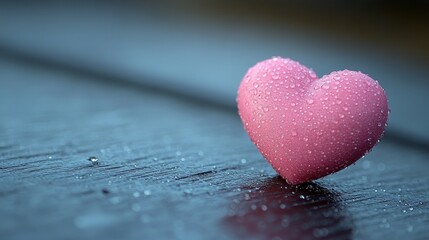 Obraz premium Pink heart with droplets on a wooden surface in soft light