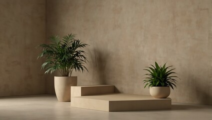 Minimalist beige podium with a corner plant.