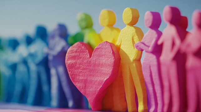 Colorful rainbow people holding big red heart promoting love and tolerance