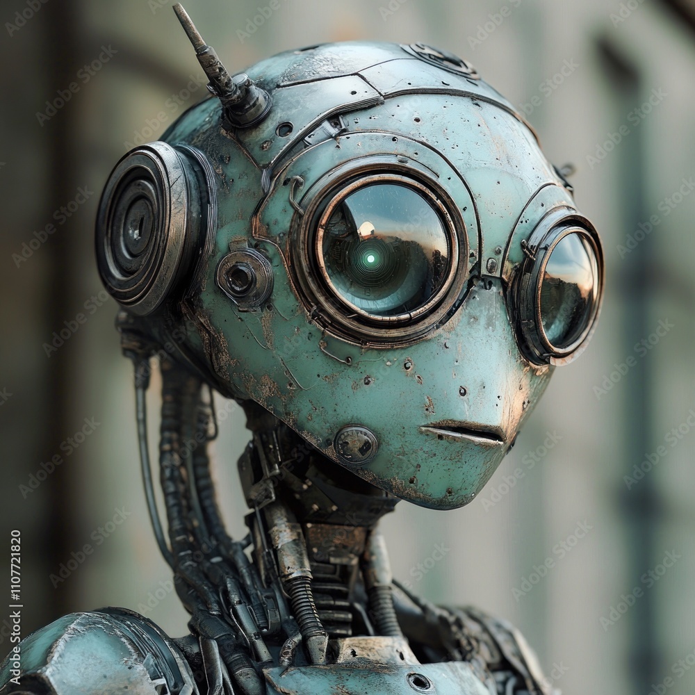 Poster close-up portrait of a rusty, metallic robot with large, circular eyes and a small, pointed antenna.