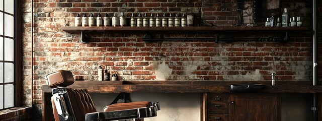 A stylish and modern barber chair is in the foreground, with shelves of hair product bottles behind it. The background shows an elegant barbershop interior with vintage decor elements like wooden pane