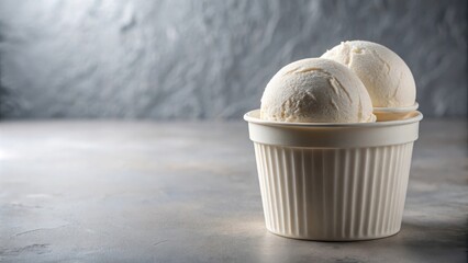 Two scoops of vanilla ice cream in a white paper cup on a gray surface