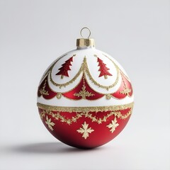 Red Christmas ball with pattern isolated on white background. Xmas tree decoration with ornament