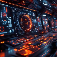 Futuristic spaceship control panel with glowing orange and blue interfaces.