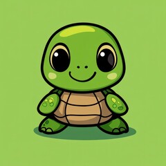 Obraz premium Adorable cartoon turtle with big eyes, smiling, on green background.