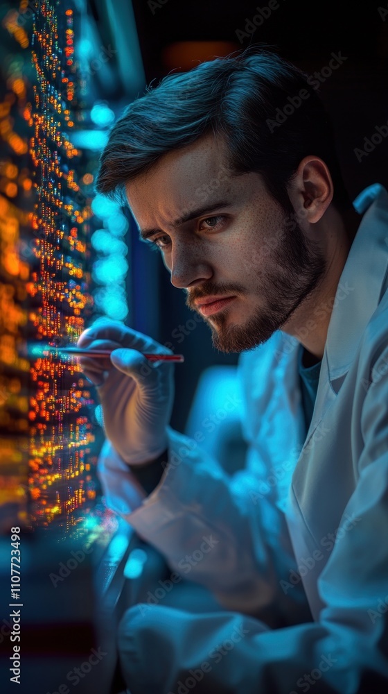 Poster a young scientist works in a laboratory, examining data on a large screen.