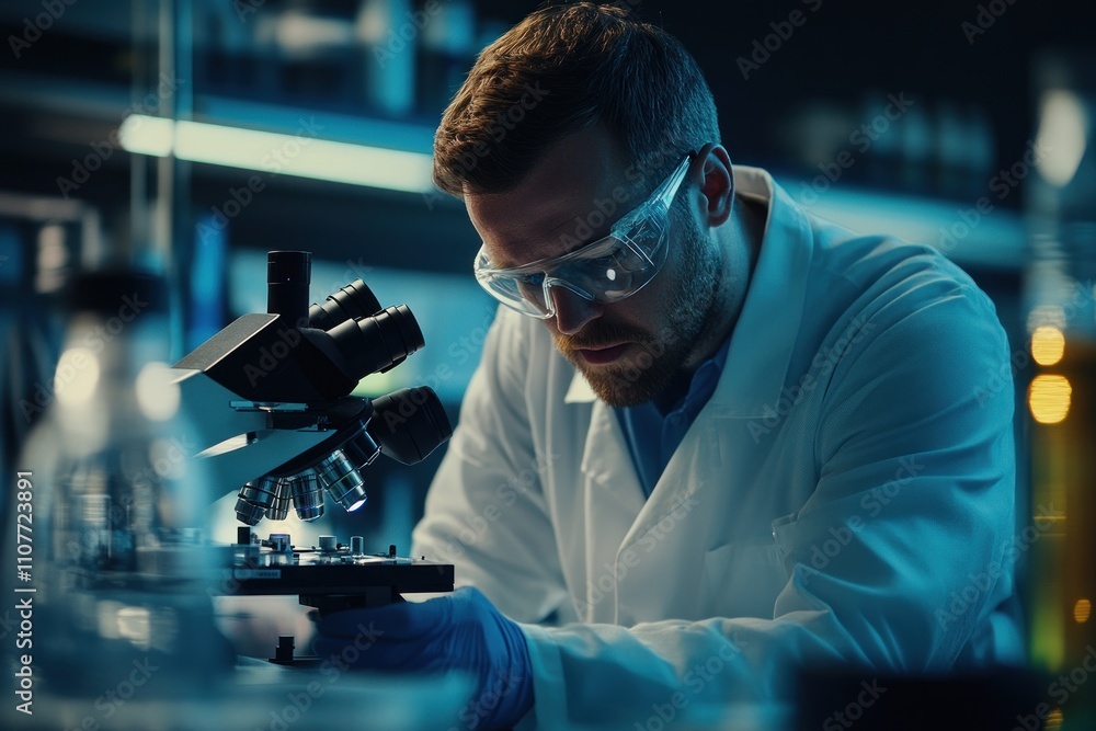 Poster focused scientist using microscope in modern laboratory.