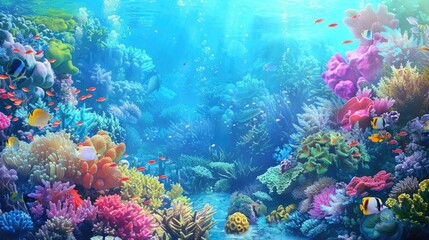 Obraz premium Vibrant underwater scene showcasing colorful corals and diverse marine life.