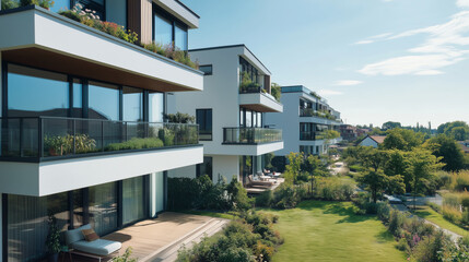 Obraz premium Modern residential architecture with spacious balconies and green landscaping 