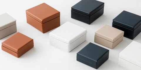 A collection of jewelry boxes in an array of soft hues arranged artistically on a minimalist white surface, suggesting elegance and sophistication.