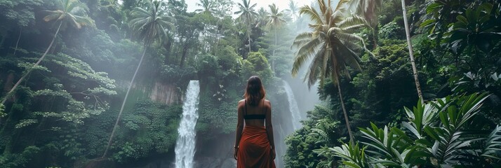 Fototapeta premium Woman at waterfalls in jungles, Bali island nature, stream cascade, Indonesia travel, beautiful jungle
