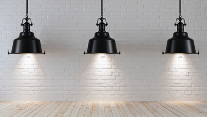 Obraz premium Minimalist Interior with White Brick Wall and Pendant Lights