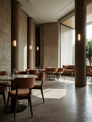 Fototapeta premium Minimalist interior of a serene hotel or restaurant.