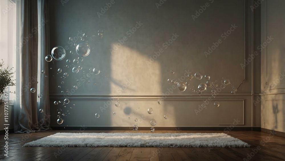 Poster minimalist interior scene with floating bubbles and soft light.