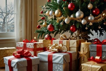 A festive scene of elegantly wrapped presents nestled beneath a sparkling Christmas tree
