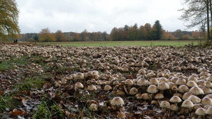 Fototapeta premium Abundant Mushrooms Growing on Forest Floor Surrounded by Autumn Landscape
