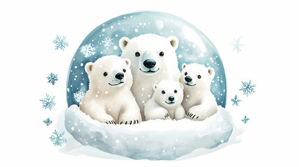 Fototapeta premium Christmas snow globe with polar bear family, soft snowflakes, white background, watercolor style, photorealistic. Glacial. Illustration