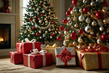 A festive scene of elegantly wrapped presents nestled beneath a sparkling Christmas tree