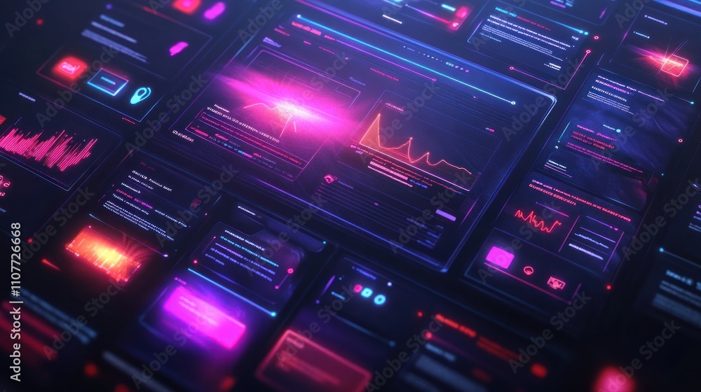 Poster futuristic digital interface displays data analytics, graphs, and charts with glowing neon effects.