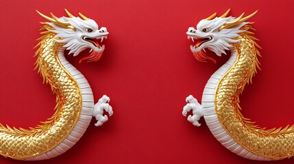 Obraz premium Golden White Chinese Dragons on Red Background Asian Culture Symbol Mythical Creature