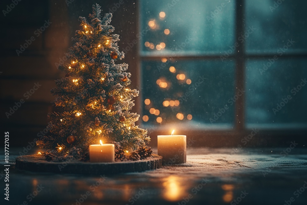 Poster a small christmas tree with lights and candles sits on a wooden table in front of a window with a sn