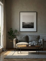 Minimalist living room with empty frame and sunlight.
