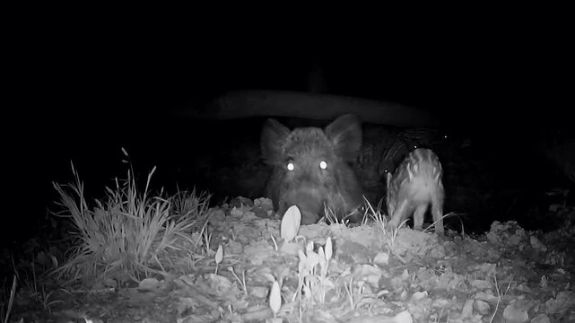 Wildschwein l&auml;uft mit Jungtieren im Wald, nachts, direkt vor der Wildkamera vorbei, Wildbeobachtung, Sus scrofa, Nachtaufnahme, Tierverhalten, Wildtier, Frischling