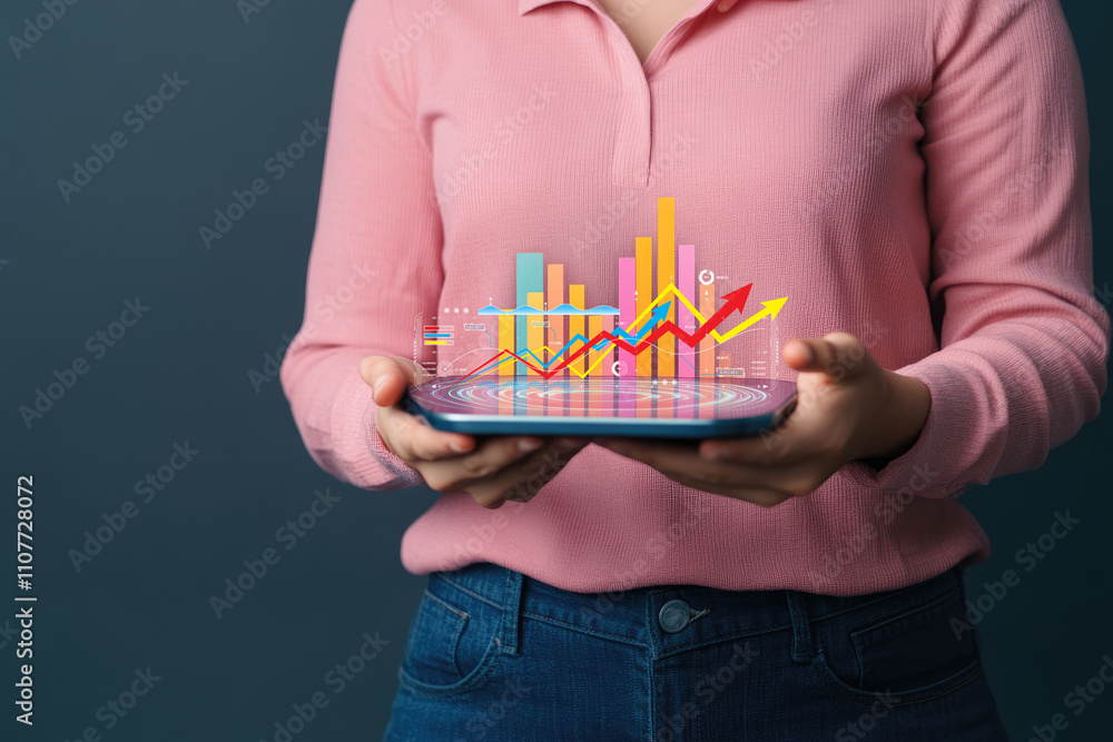 Poster market analyst exploring holographic data visualizations, dynamic charts, immersive business insight