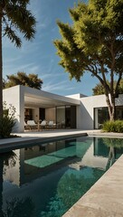 Fototapeta premium Minimalist modern home with a pool and garden view.