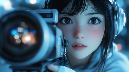 Anime Girl Holding a Camera and Looking at the Lens