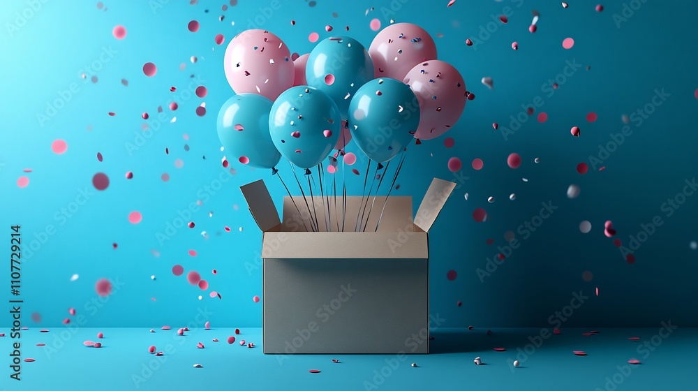 Poster vibrant balloons bursting forth a plain box symbolizing the joyous surprise hidden within with blue 