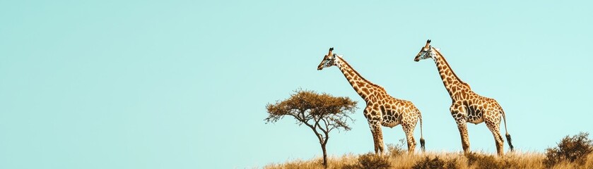 Obraz premium Two giraffes stand majestically on a hill, silhouetted against a clear blue sky, accompanied by a solitary tree.